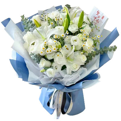 河源11朵白玫瑰桔梗百合，爱永恒不息