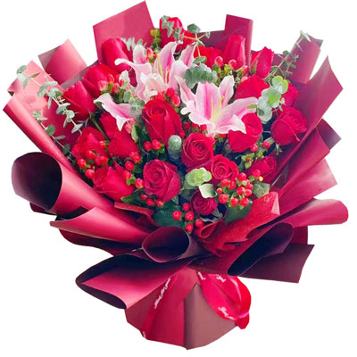 河源22朵红玫瑰百合，爱的火焰